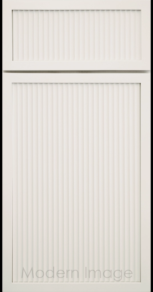 Frost White Arcadia Cove Cabinet Door featuring a Narrow Frame and Fluted Center Panel.